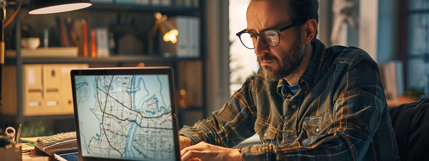 architect working on a laptop while looking at a map of a specific region on the screen.