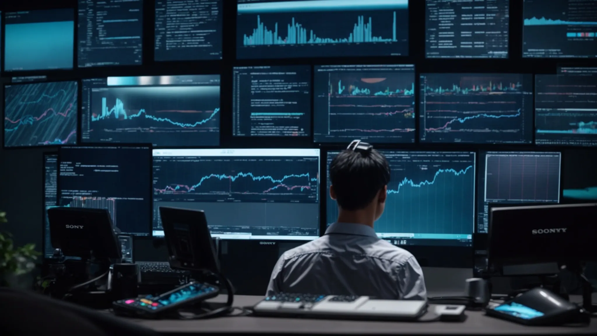 a person surrounded by screens and devices, making multiple calls and looking at data analytics on a computer.