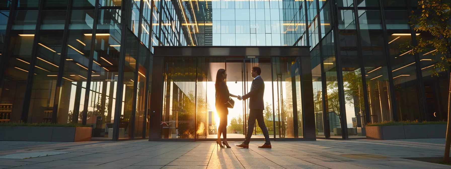 two people shaking hands in front of a modern office building.