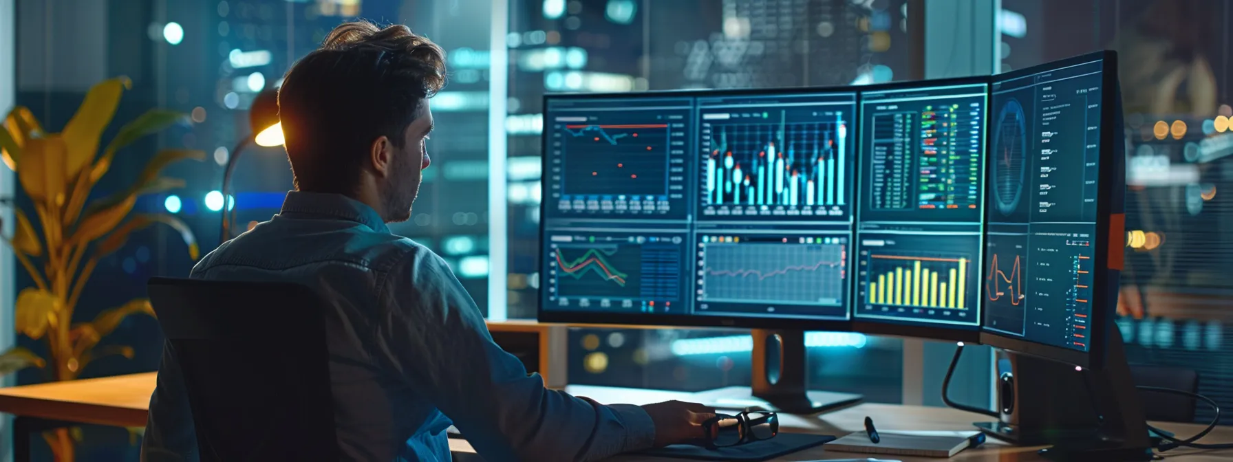 a person sitting at a desk, viewing a computer screen with various graphs and data related to keyword performance and lead generation.