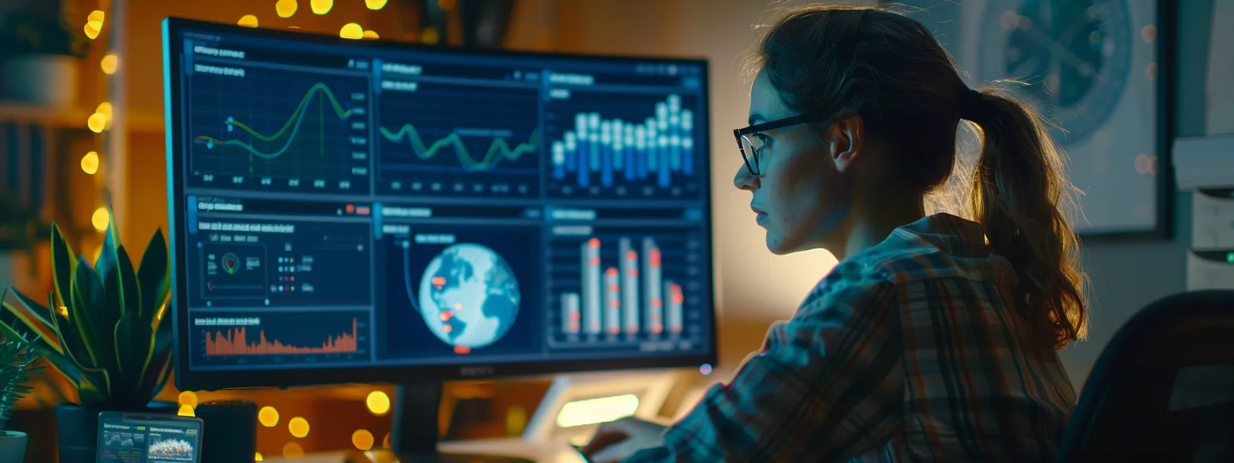 a person analyzing data on a computer screen with charts and graphs displayed.