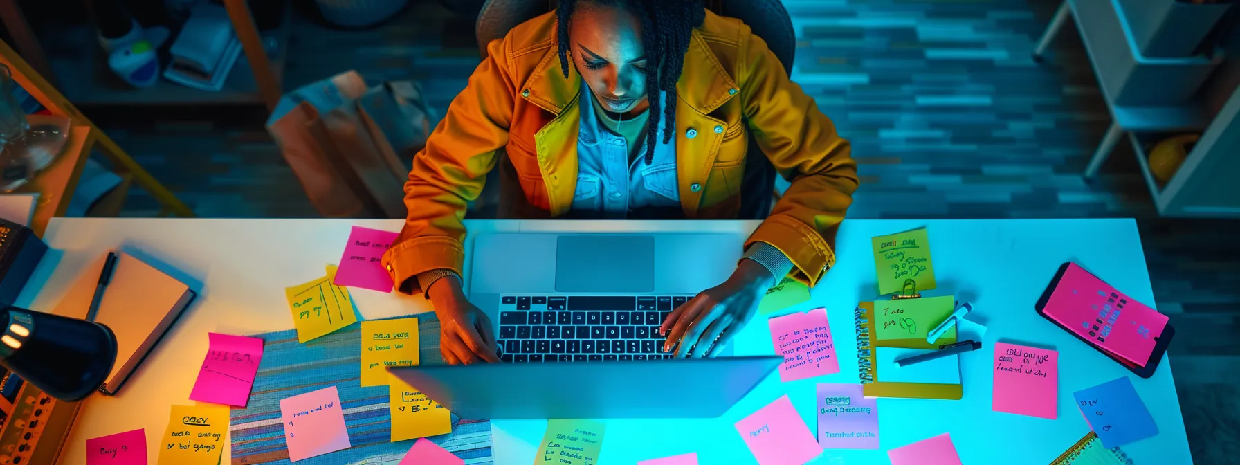 a person typing on a laptop with a serious expression, surrounded by sticky notes and research papers on effective communication strategies and seo.