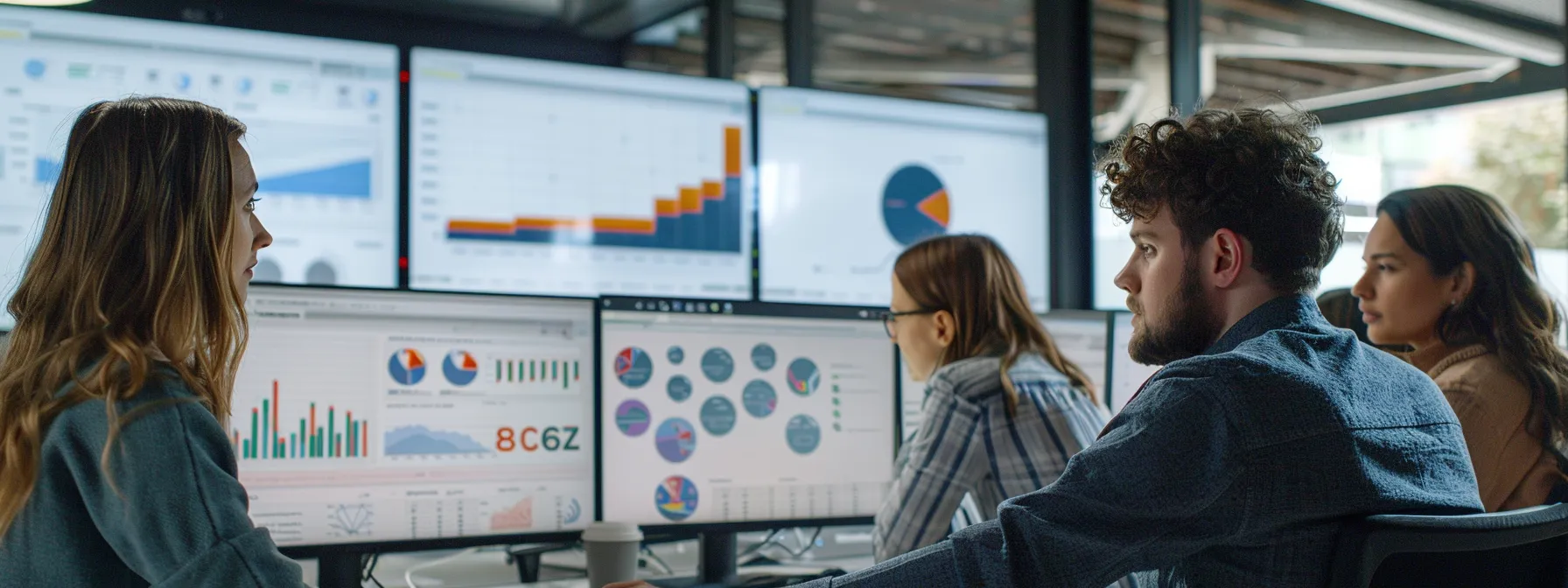 a group of digital marketers analyzing seo data on large computer screens in a modern office setting.