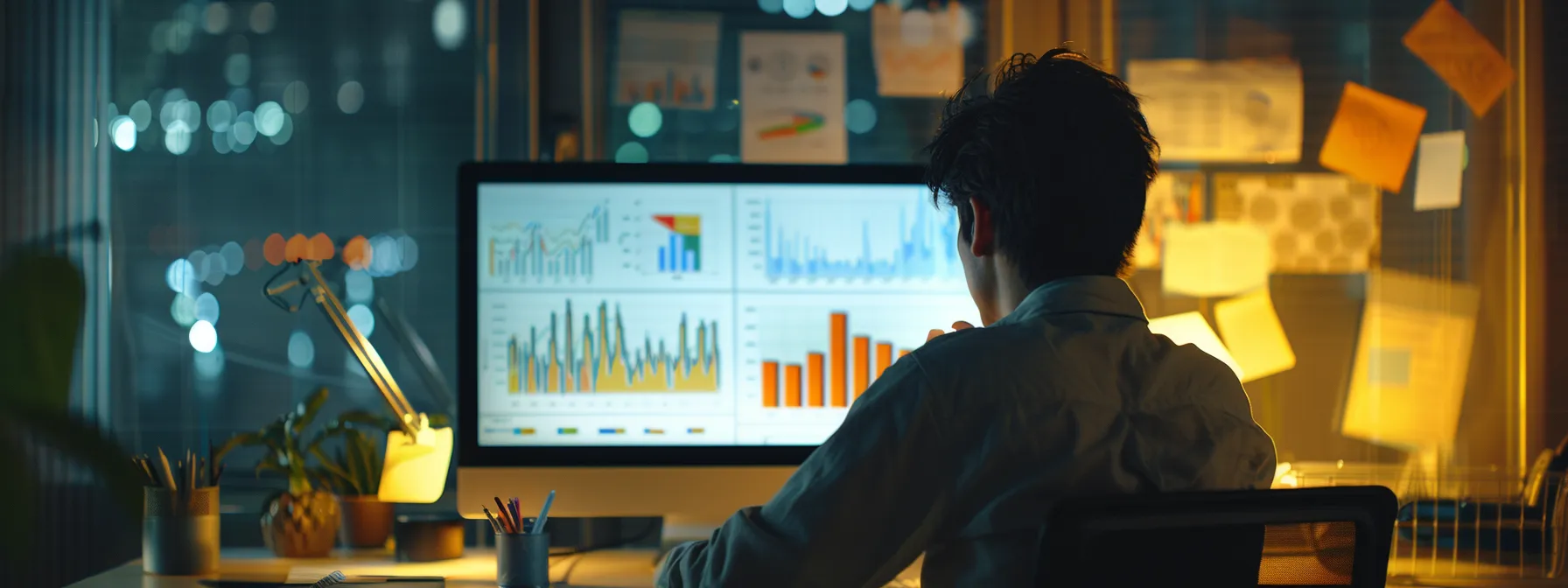 a person analyzing graphs and charts on a computer screen in an office setting.