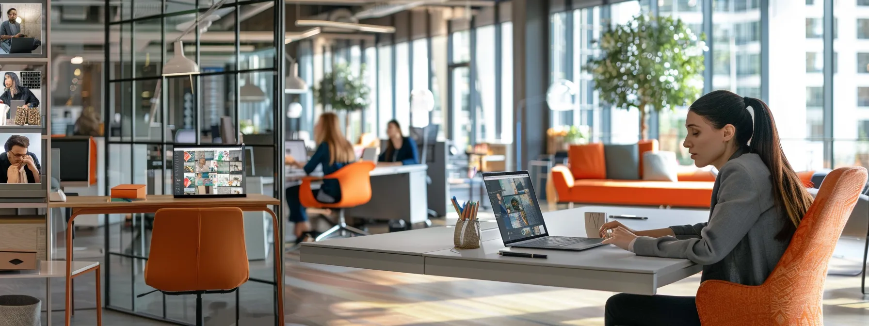 a person collaborating with other content creators in a modern office setting.