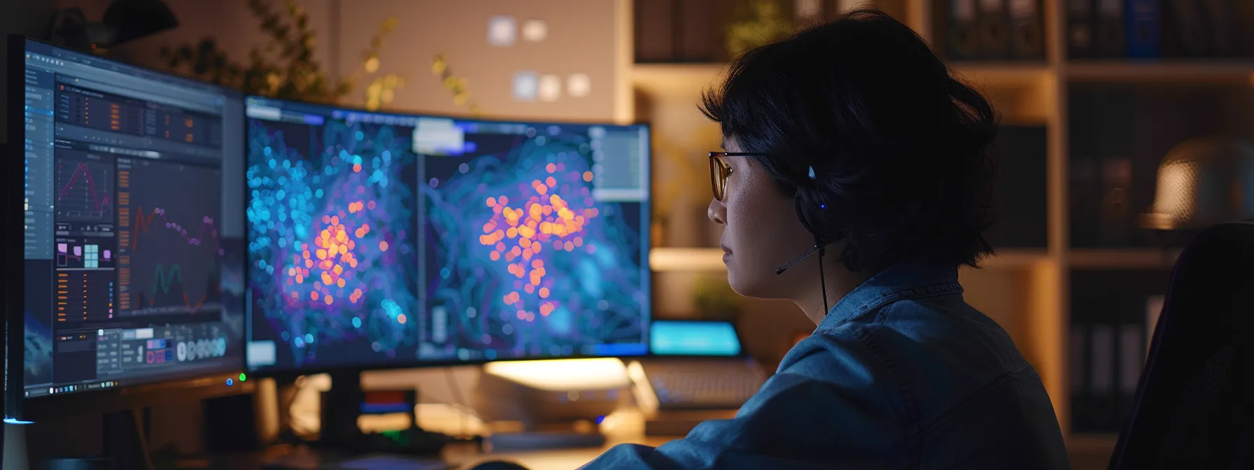 a person analyzing heatmaps and data on a computer screen.