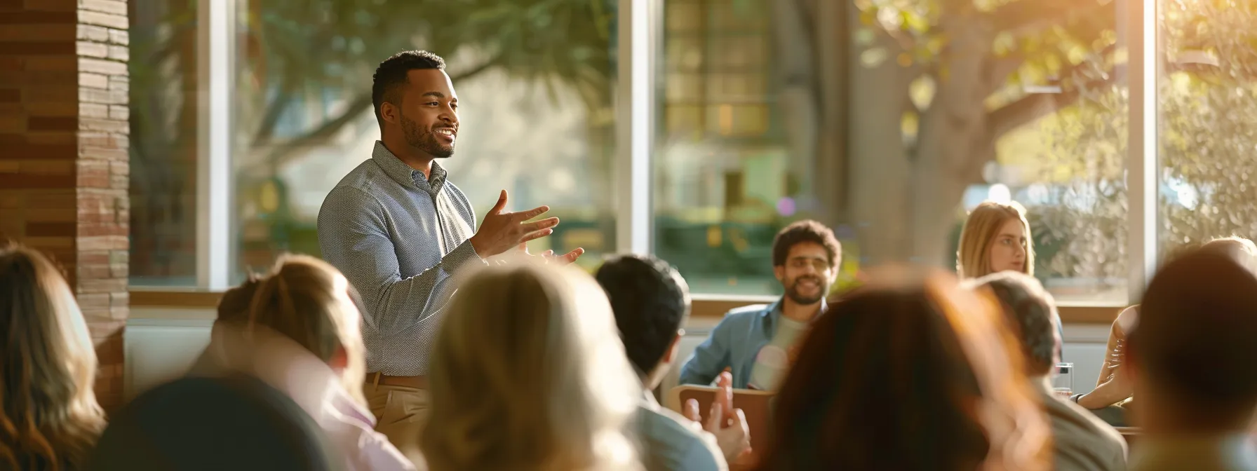 a salesperson confidently presenting success stories to a group of attentive prospects.