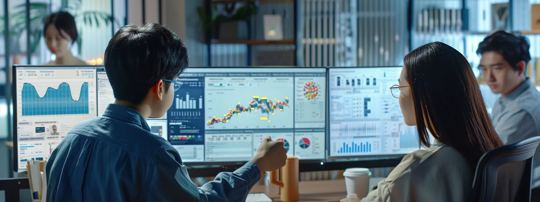 a group of people analyzing charts and graphs on computer screens in a modern office setting.