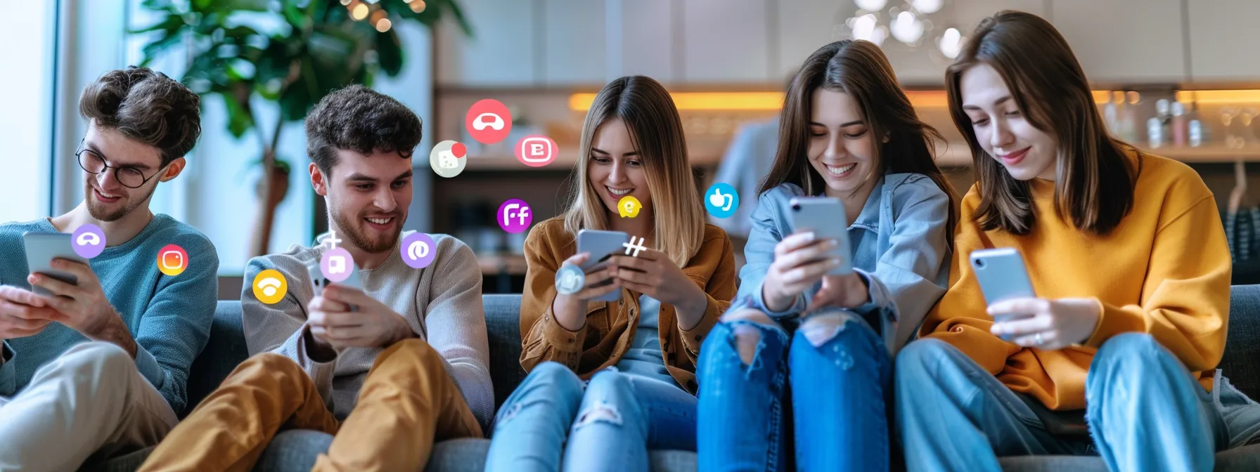 a group of people interacting and engaging with a variety of social media platforms on their devices, showcasing the importance of lead generation through social media.