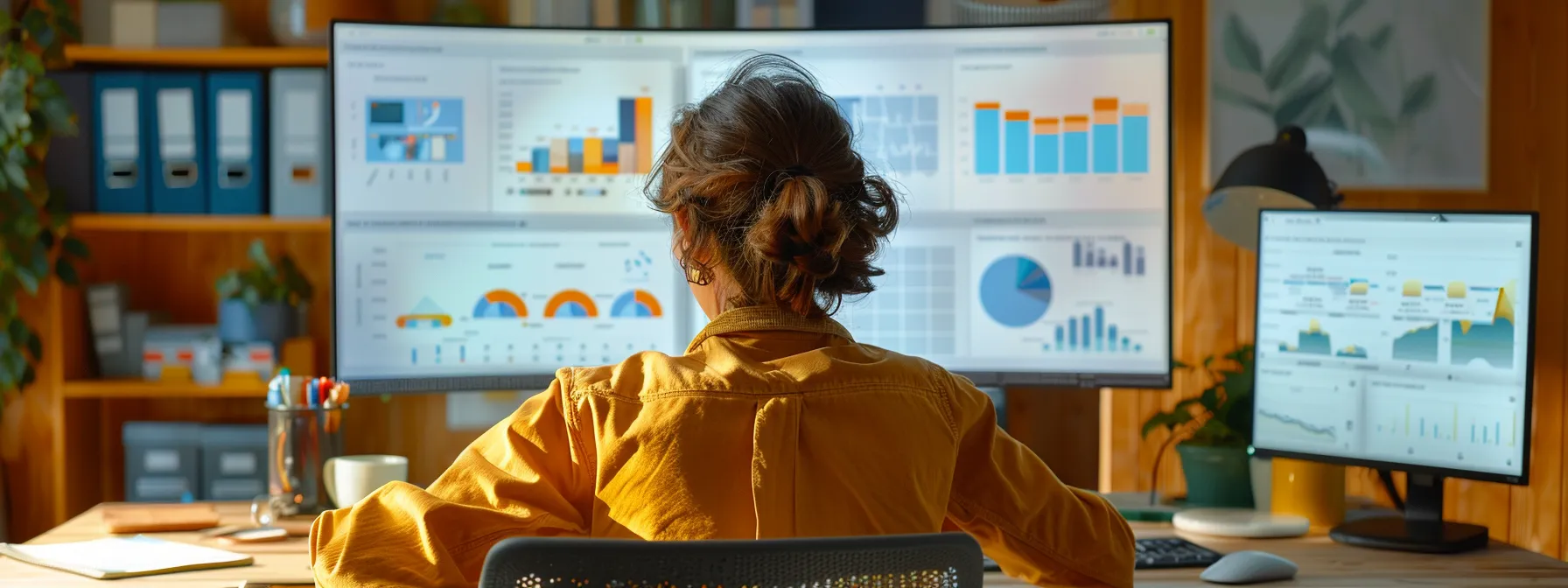 a person sitting at a desk analyzing a comprehensive dashboard with various data points displayed in accessible visuals for lead scoring analysis.