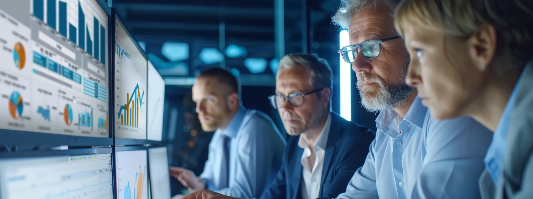 a group of professionals looking at computer screens, analyzing graphs and charts with focused expressions.