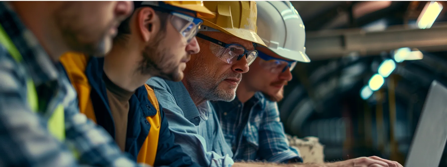 a group of concrete contractors discussing online marketing strategies while looking at a laptop screen.