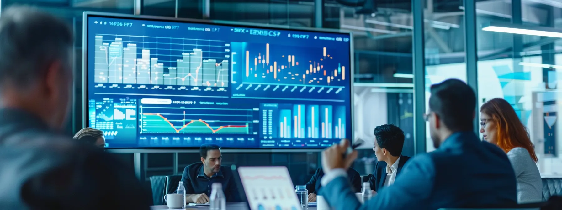 a team meeting discussing strategies with charts and graphs displayed on a large screen.