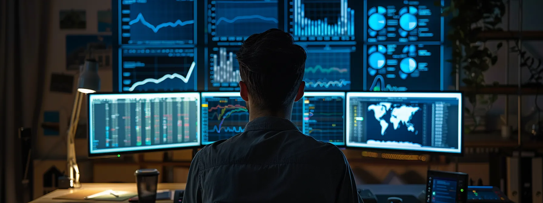 a person analyzing data on a computer screen with graphs and charts displayed.