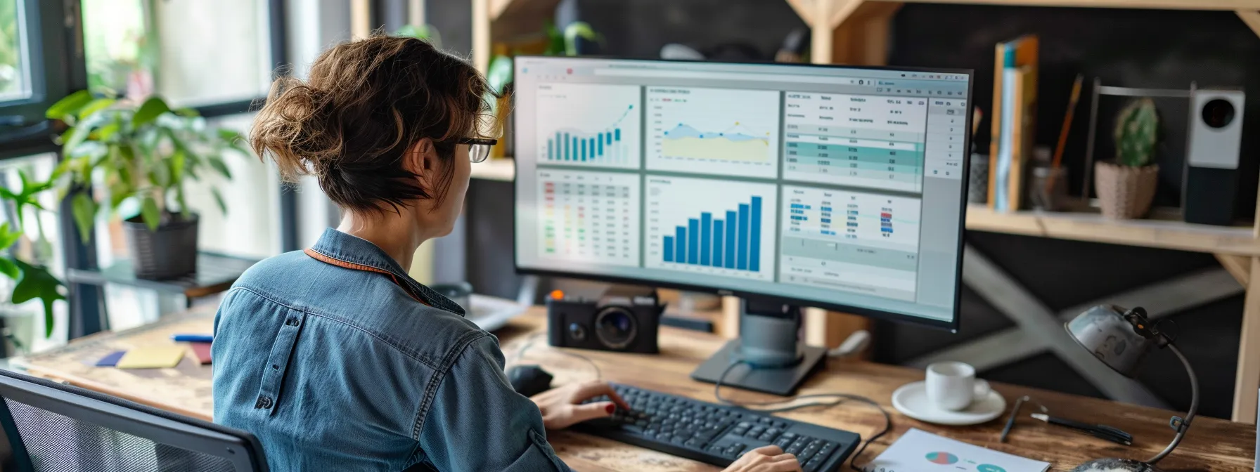 a person analyzing seo data on a computer screen, adjusting strategies to reduce mistakes and improve site authority.