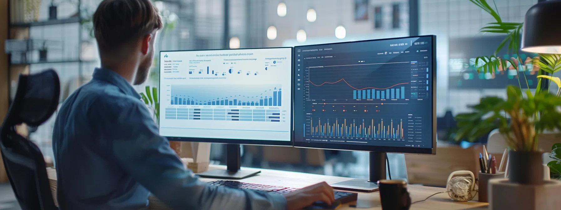 a person analyzing seo performance metrics on a computer screen in a bright, modern office.