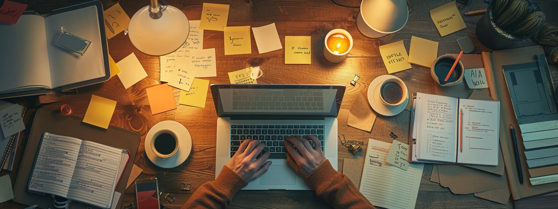 a person typing on a laptop with a notebook and cup of coffee nearby, surrounded by sticky notes with keywords and post-it notes with content ideas.