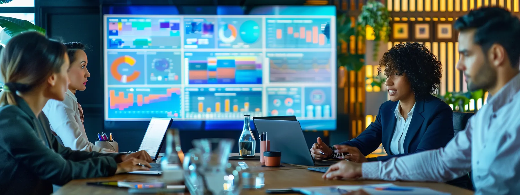 a team in a meeting room analyzing data and charts on a large screen.