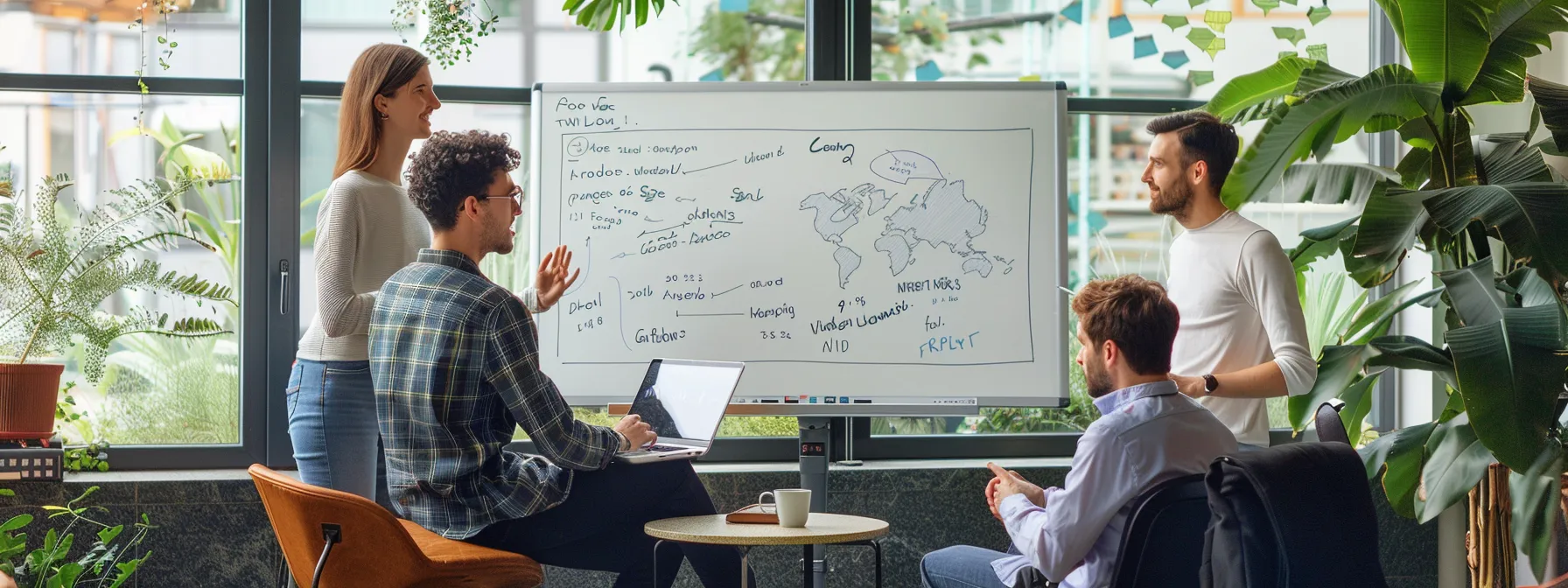 team members gathered around a whiteboard, discussing lead scoring strategies and collaboration between sales and marketing teams.