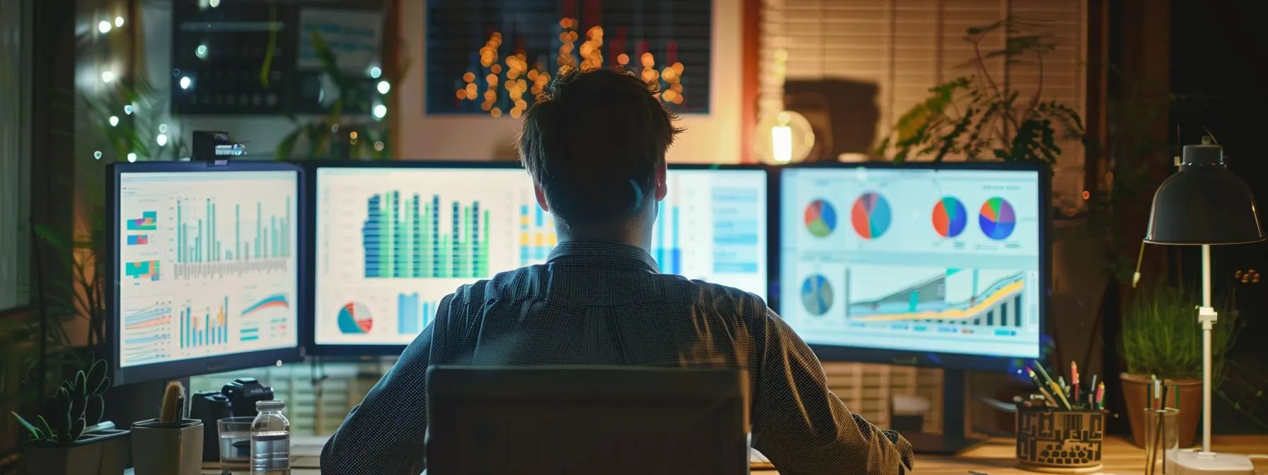 a person analyzing data on a computer screen with various graphs and charts displayed.