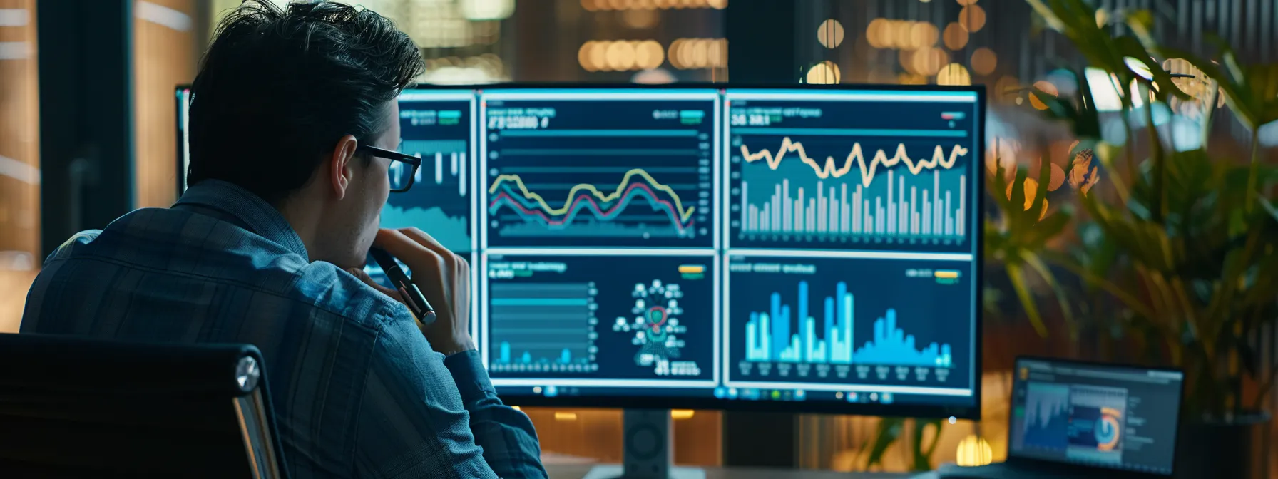 analyzing data charts on a computer screen during a meeting.