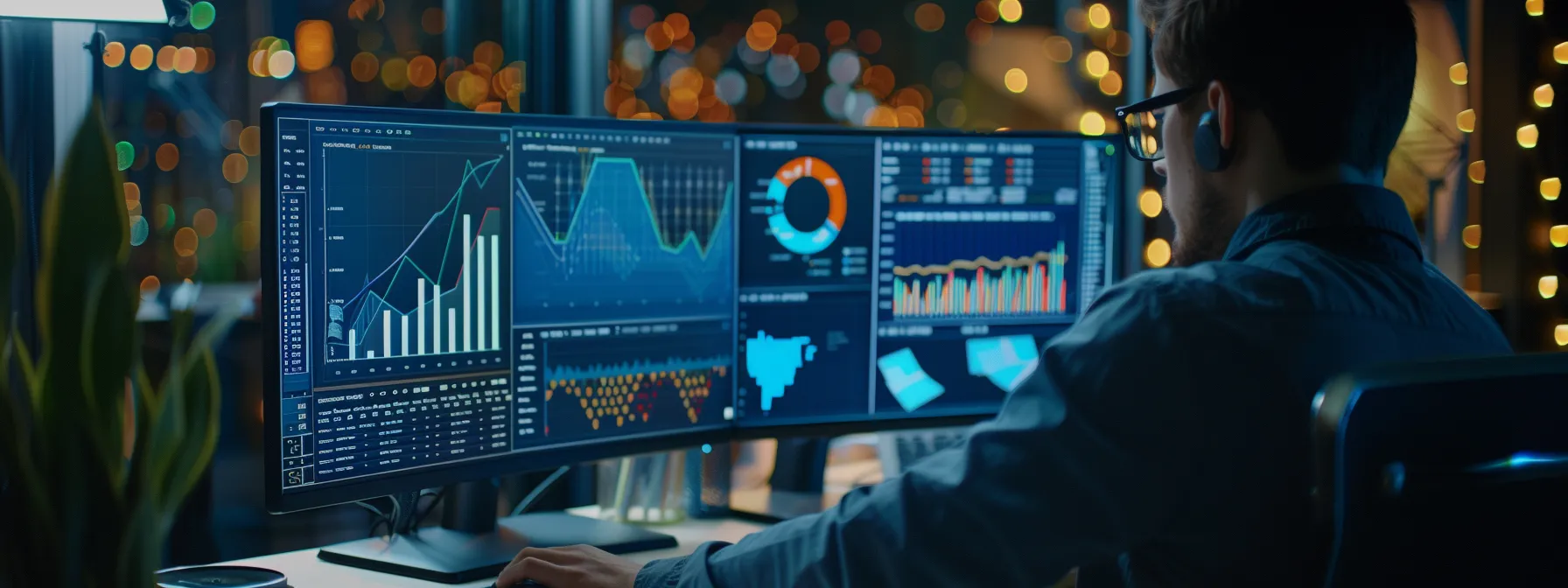 a person analyzing data on a computer screen, surrounded by graphs and charts.