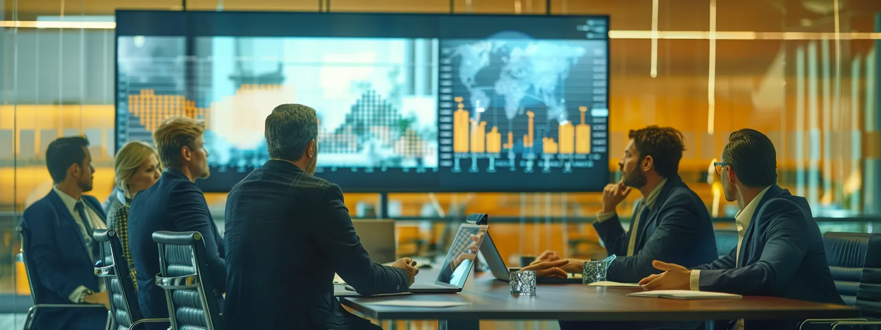 a group of business executives discussing and analyzing online reputation monitoring data on a large screen in a modern boardroom.