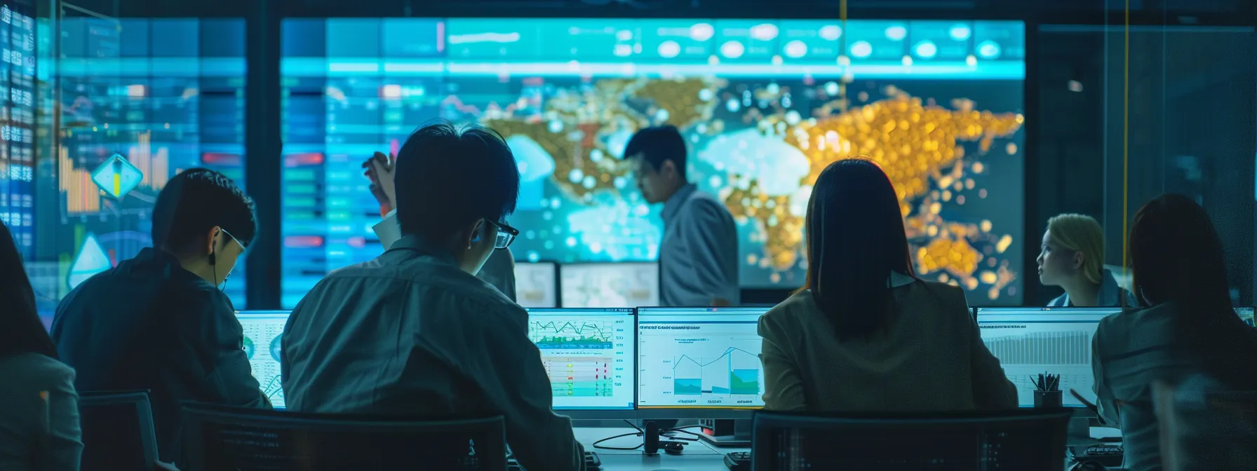 a group of professionals analyzing email marketing data on a large computer screen.