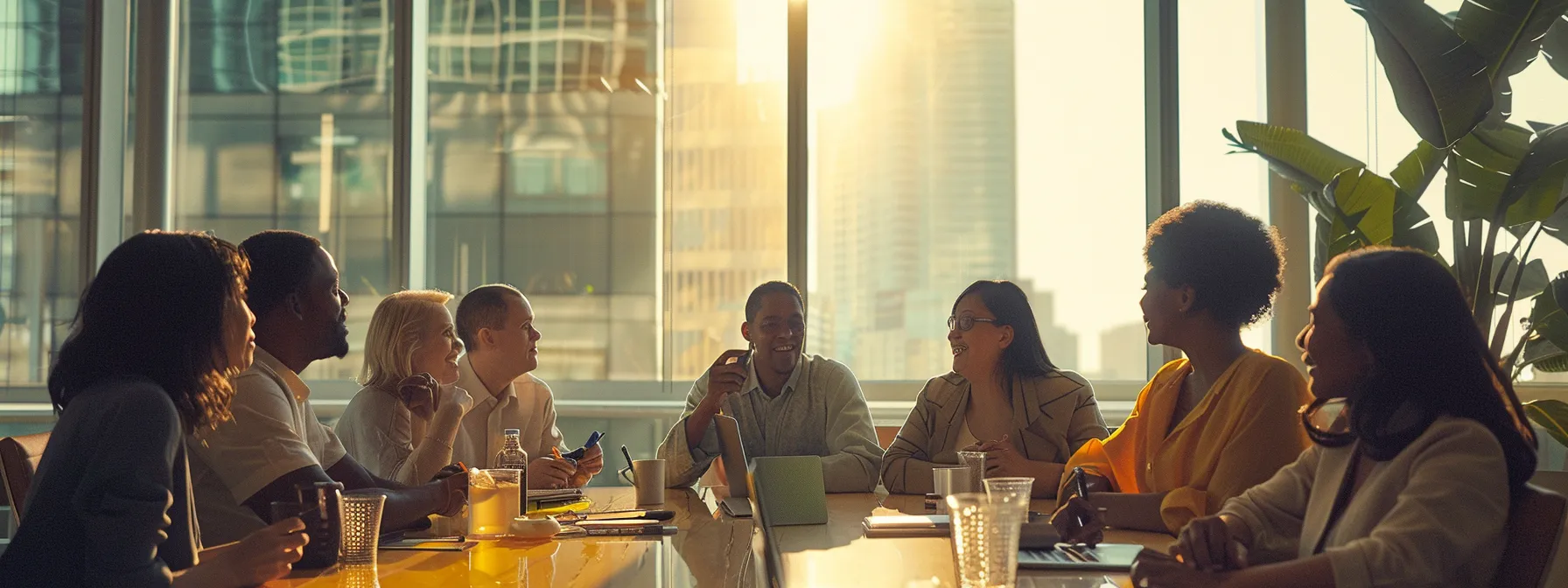 a diverse group of professionals brainstorming together in a modern office conference room.