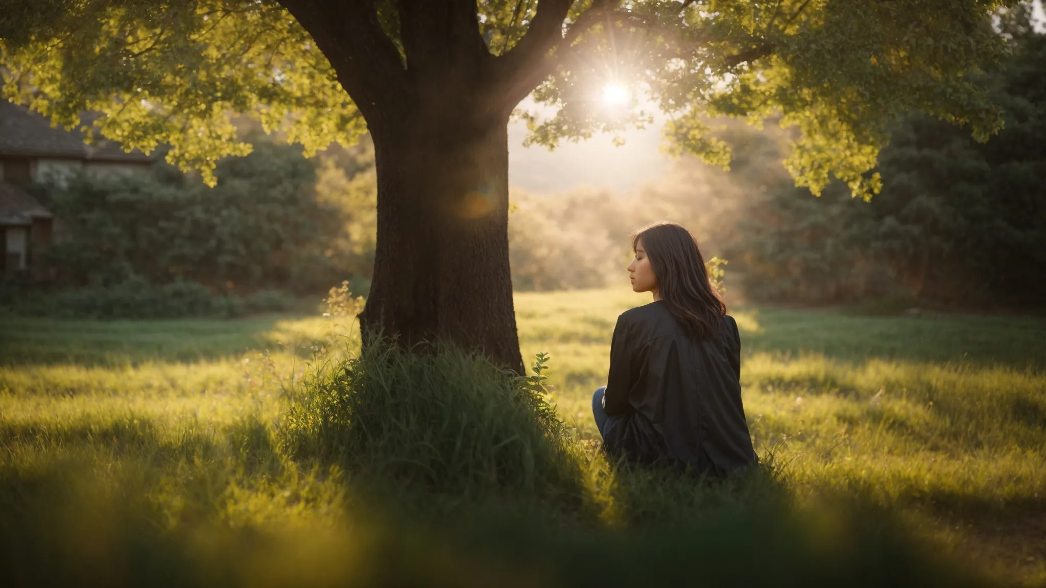 a person sitting in a peaceful setting, eyes closed, visualizing positive outcomes and feeling a sense of calm.