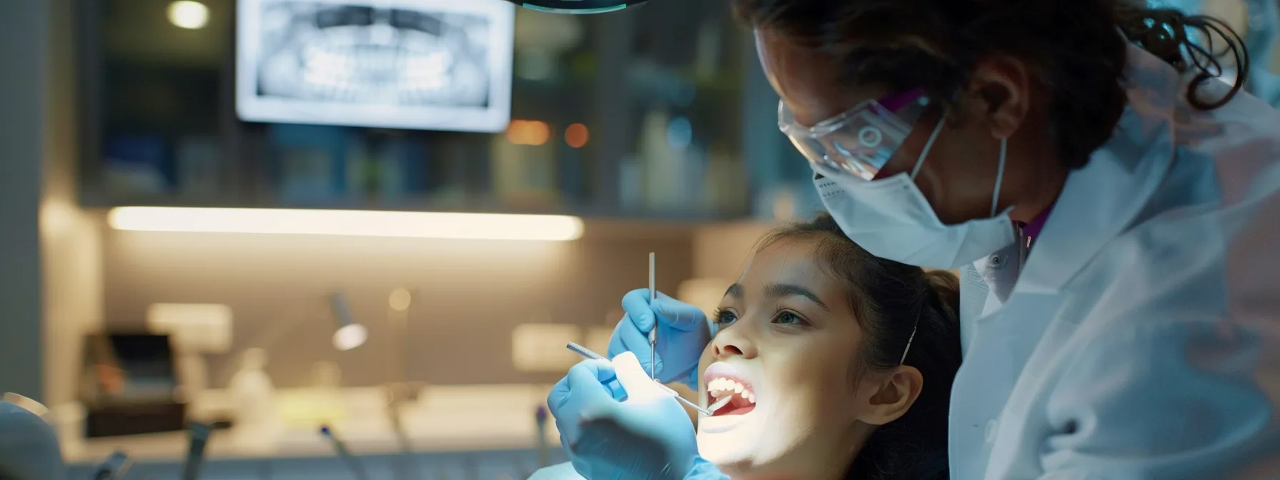 a dentist examining a patient's teeth with modern technology in the background.