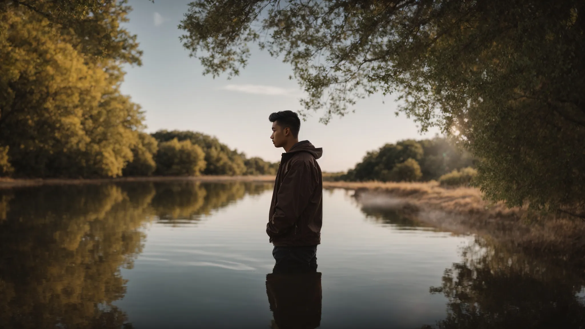 a person looking at their reflection in a calm body of water, deep in contemplation and self-reflection.