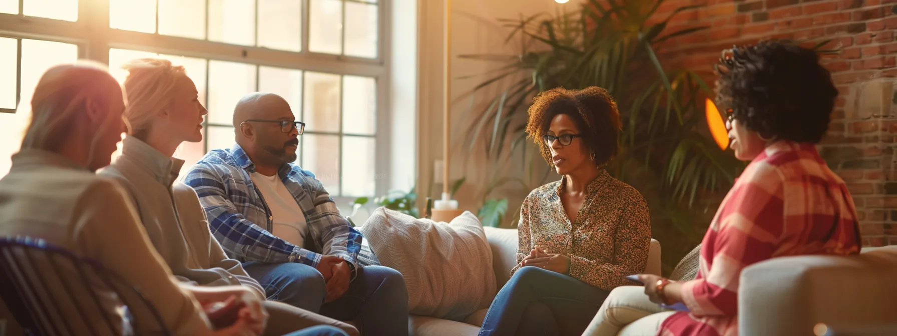 a speech therapist talking to a group of attentive clients in a cozy office setting.