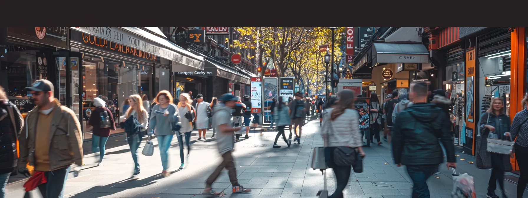 a busy street in melbourne with google maps ads displayed on various storefronts, attracting the attention of passersby.