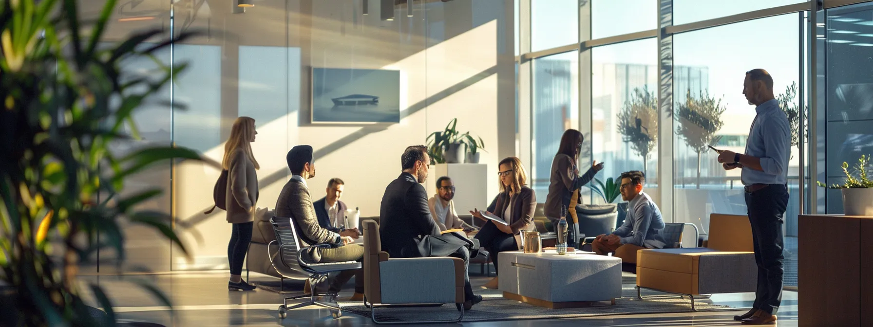 a group of people discussing strategies in a modern office setting.