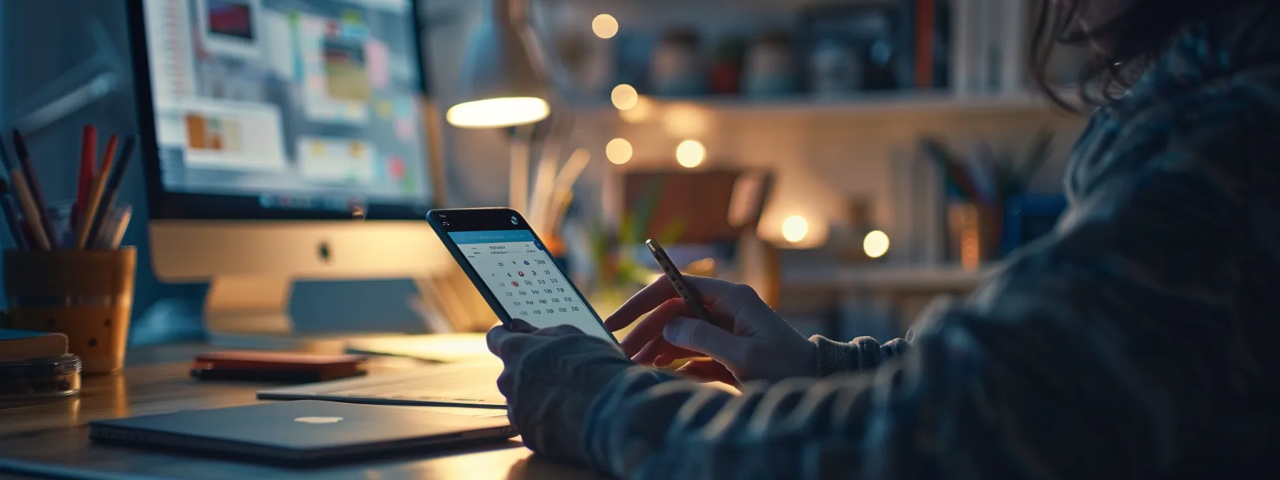 a person using a productivity app on their phone while sitting at a tidy desk with a calendar and to-do list in the background.