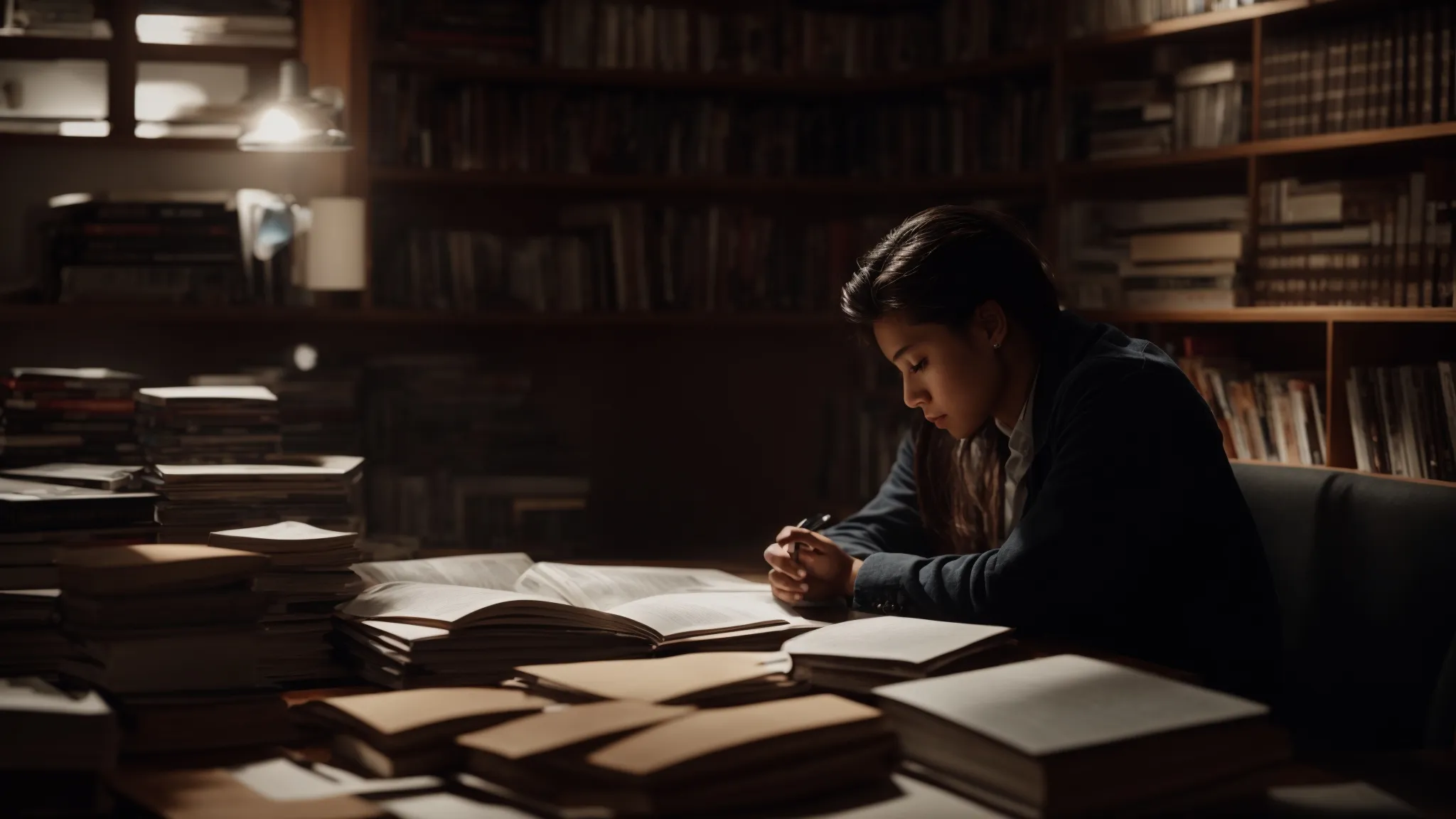 a person deep in thought, surrounded by various books and papers while contemplating a decision.