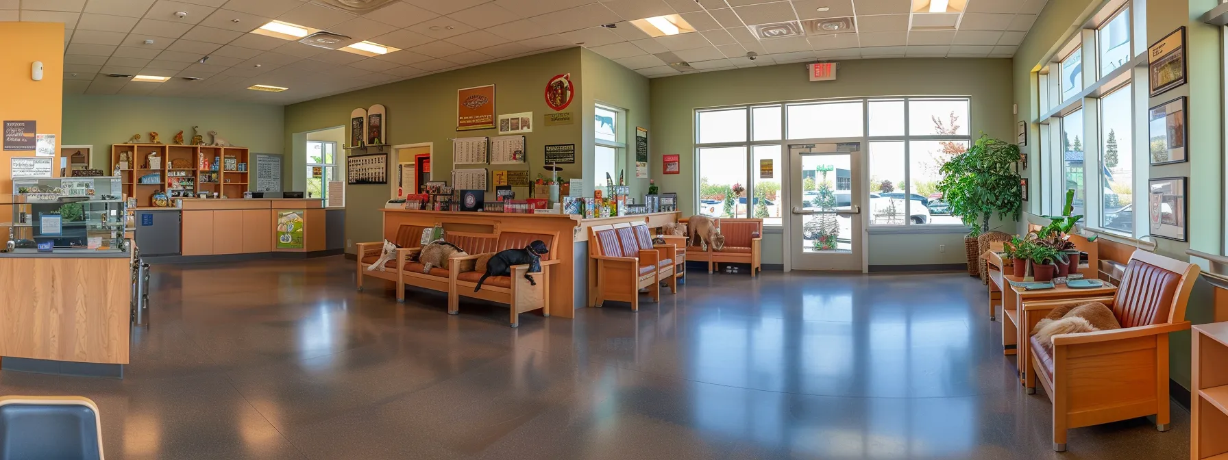 a welcoming veterinary clinic with a bright and spacious waiting area filled with happy pets and their owners.