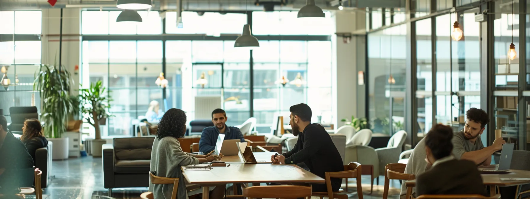 a group of people discussing customer reviews and business strategies in a modern office setting.