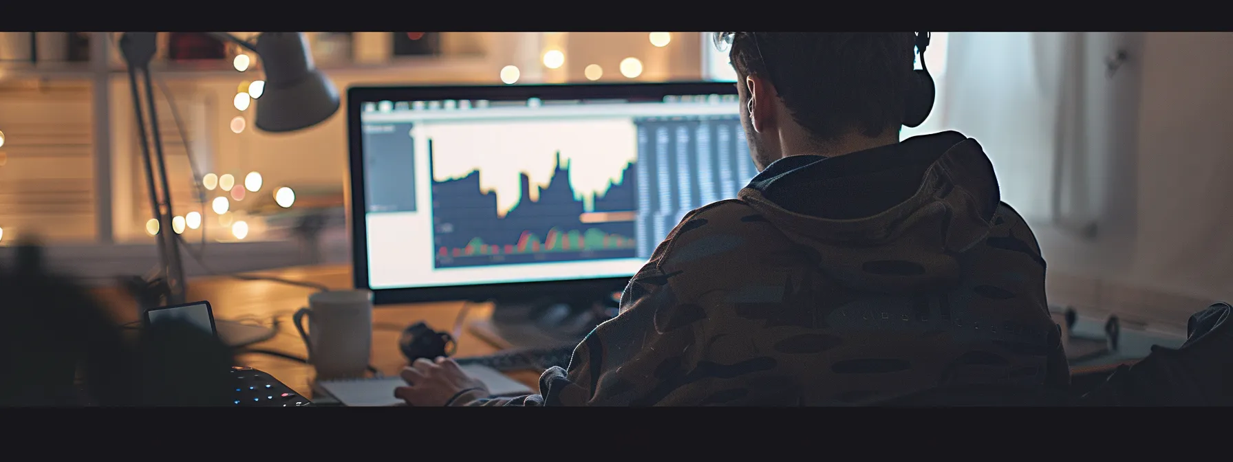 a person analyzing data on a computer screen while making notes.