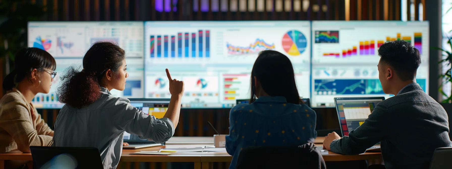 a group of co-workers analyzing data on a large computer screen during a meeting.