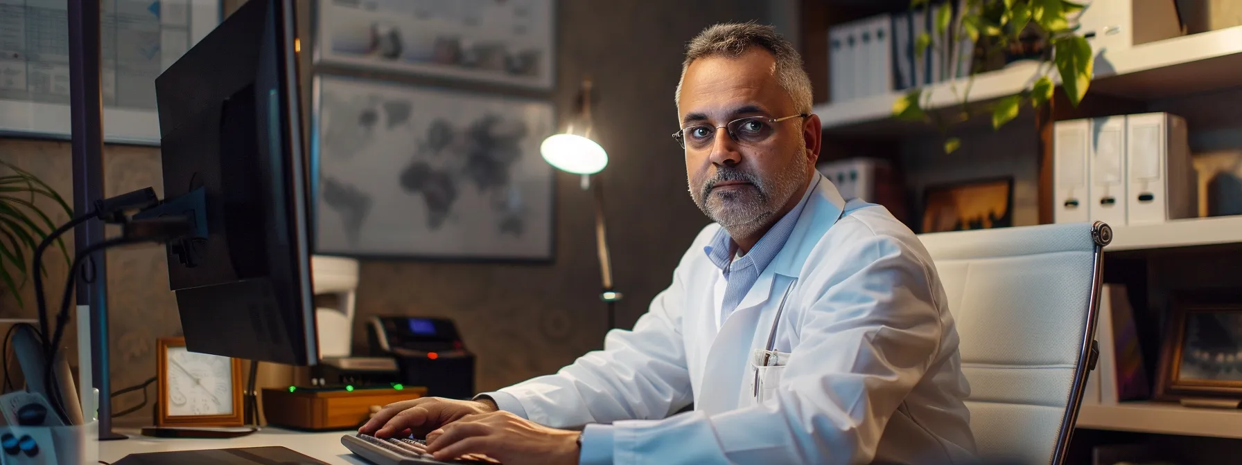 a psychiatrist sitting at a desk with a computer, optimizing their online presence for local search.