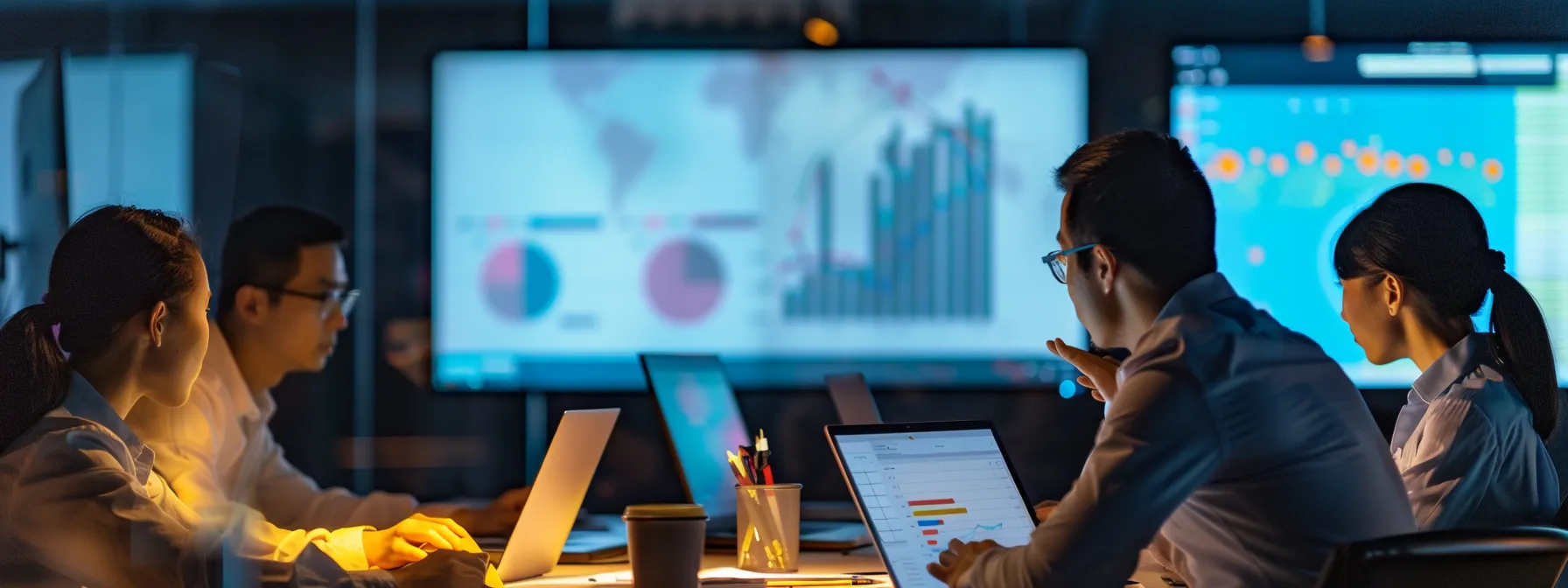 a group of people working together on laptops in a modern office setting with graphs and data on computer screens.