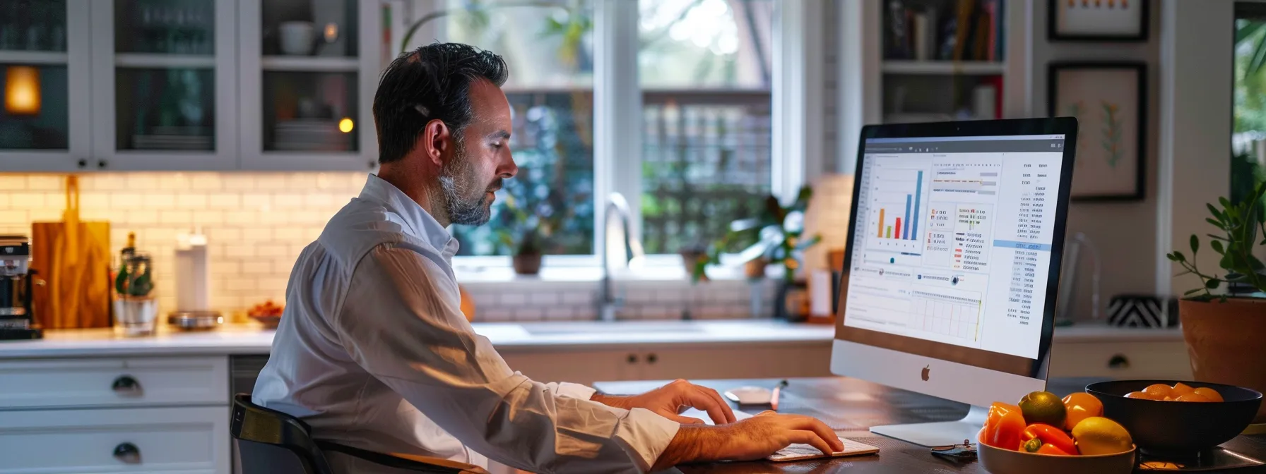 a professional kitchen remodeler analyzing keyword research data on a computer.