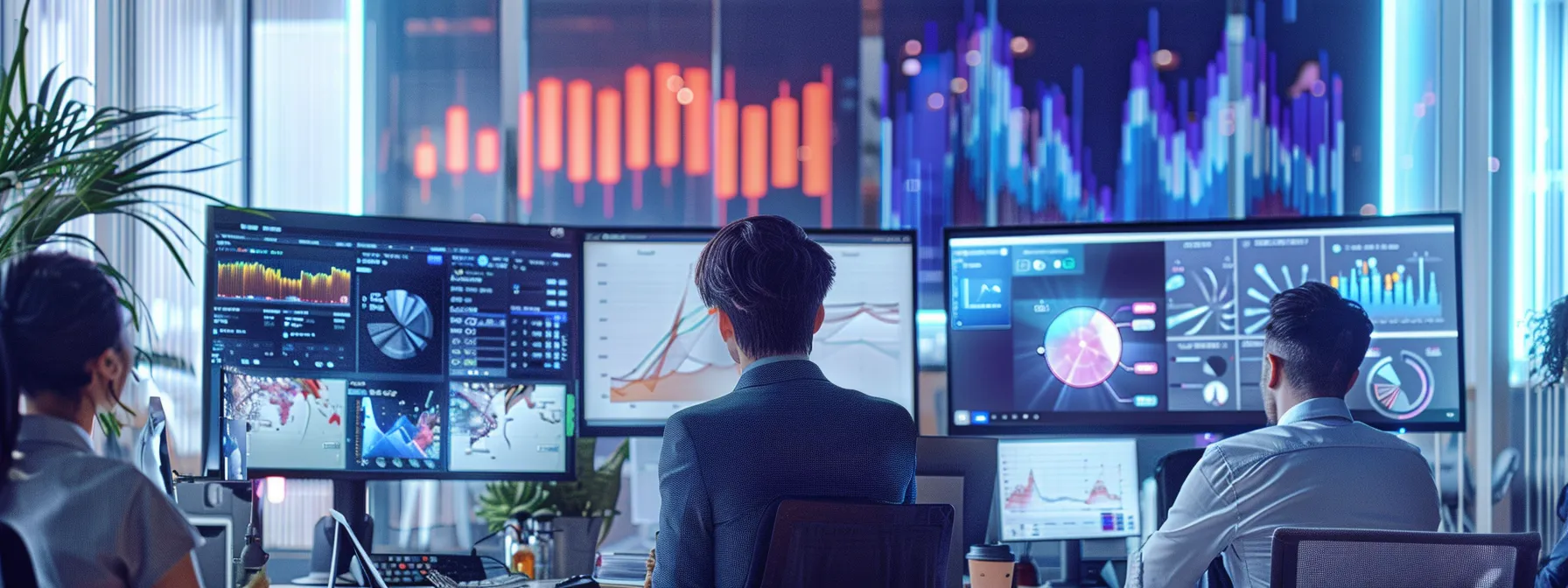 a busy office with employees collaborating on a project with charts and graphs displayed on monitors.