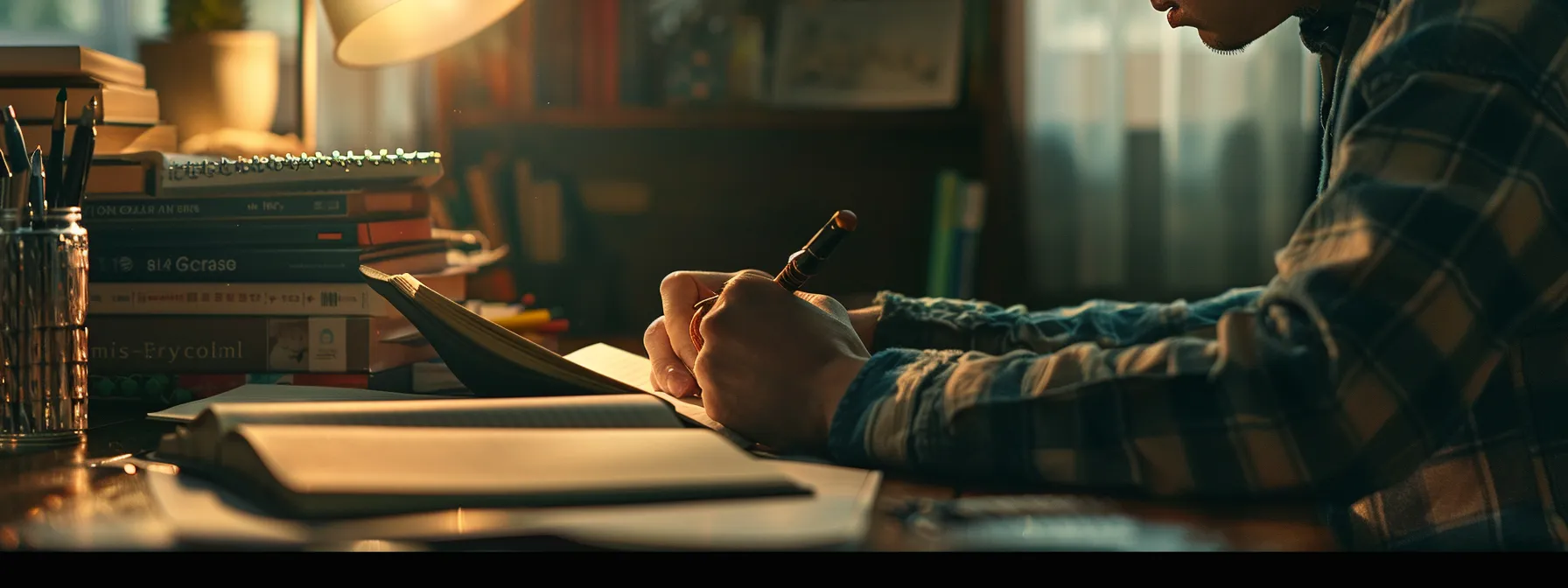 a person sitting at a desk with a notebook and pen, brainstorming and planning for success.