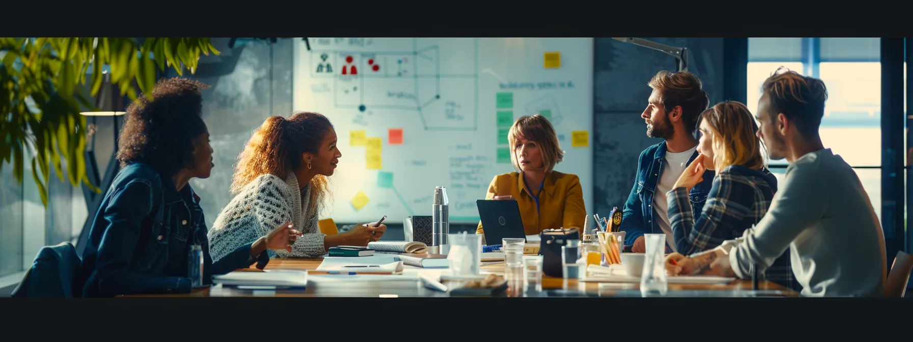 a group of professionals discussing options around a table with a whiteboard in the background.