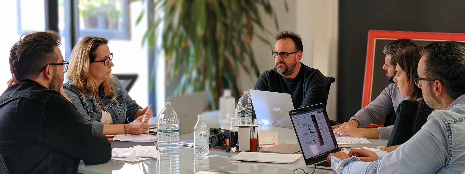 a group of people in a melbourne office brainstorming social media strategies for their business reputation management.