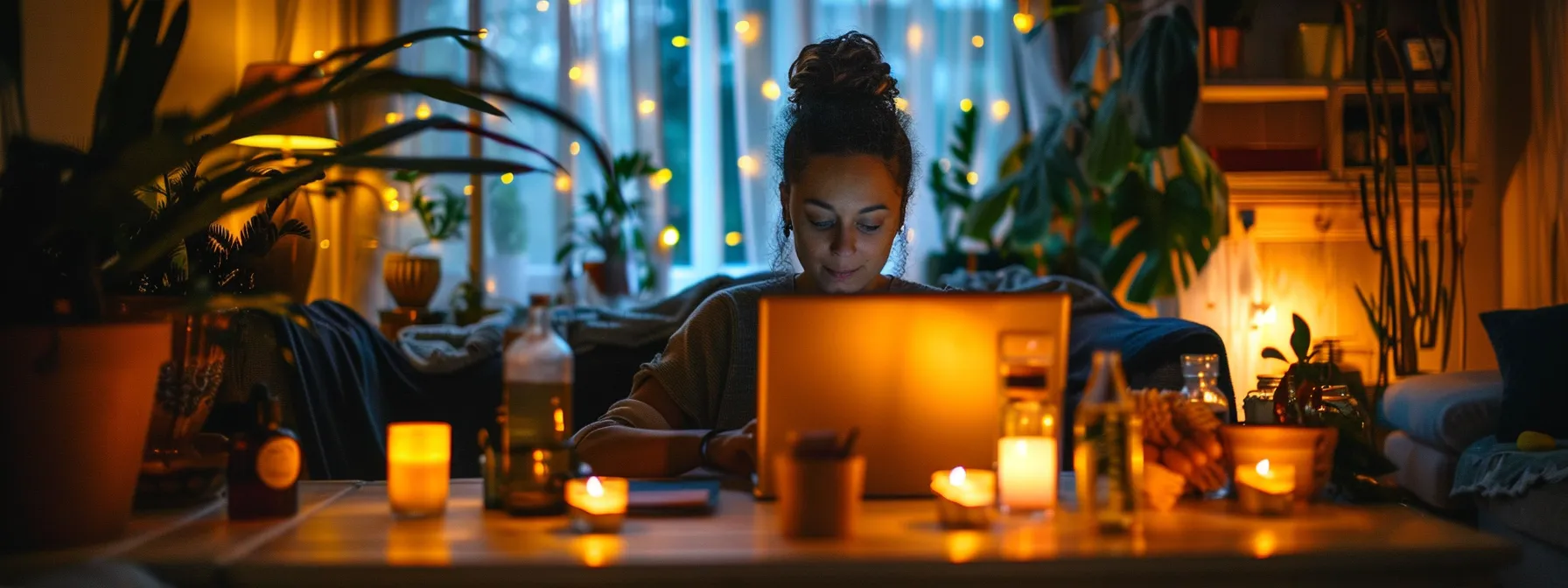 a massage therapist updating their social media profiles on a laptop while surrounded by massage oils and candles.