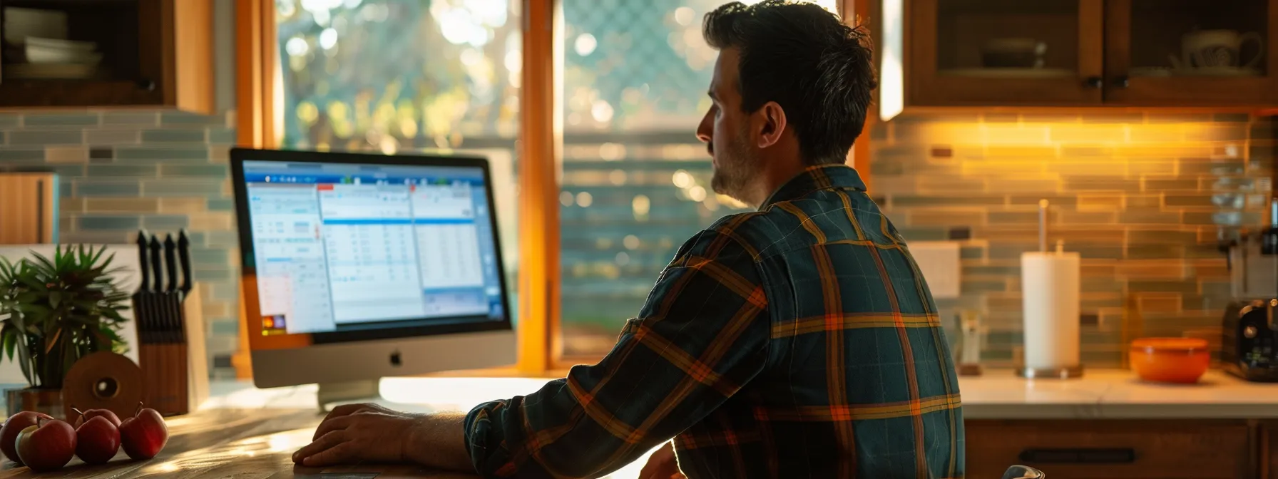 a kitchen remodeler analyzing keyword search data on a computer screen.